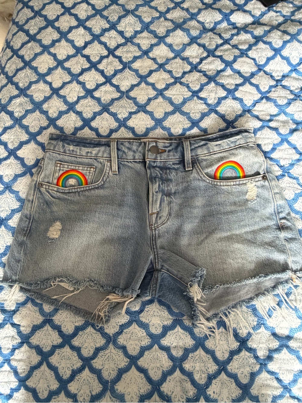 Frame denim shorts rainbow patches